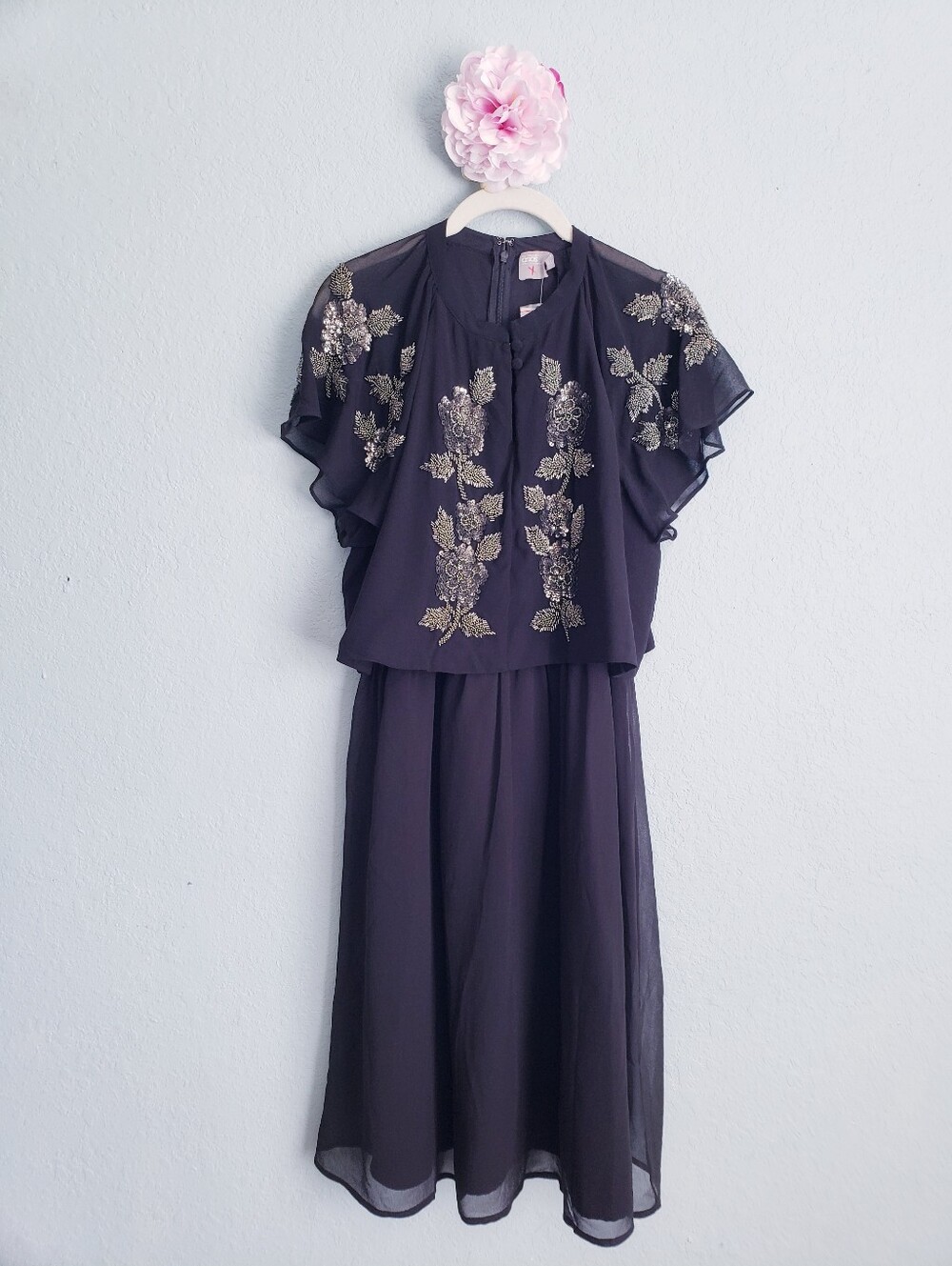ASOS Maternity Black & Gunmetal Sequin Embroidered Overlay Dress